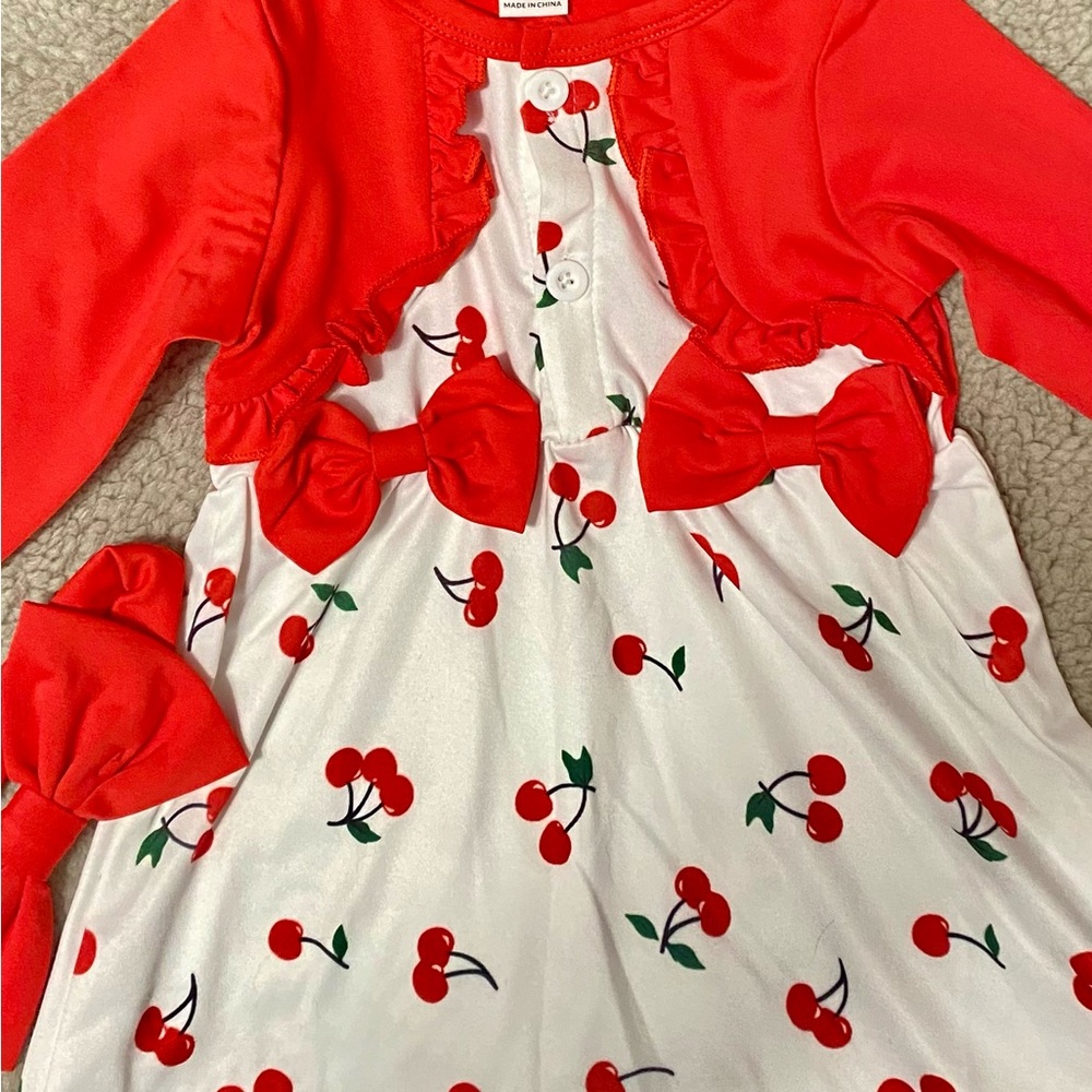 Cherry Print Dress with attached shrug & bows and red headband 6-9 months NWT